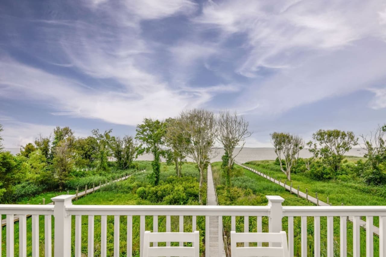 Wide green lawn framed by palms, offering open space to relax or play.