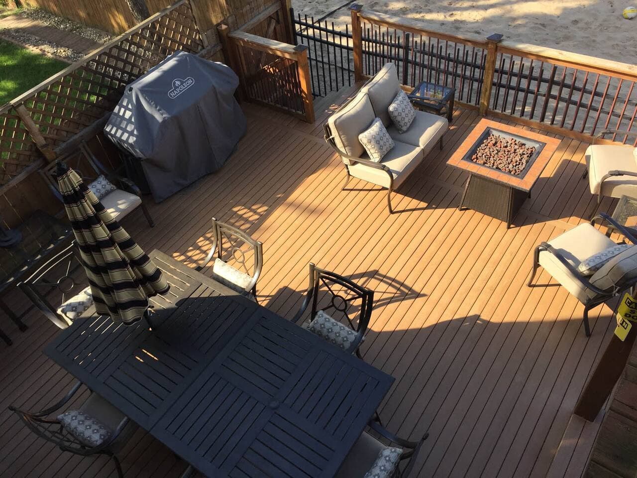 The Dream Retreat multi-level composite decks have unique areas and amazing views.  8-person LED hot tub, conversation fire pit, large grill, with seasonal al fresco dining.