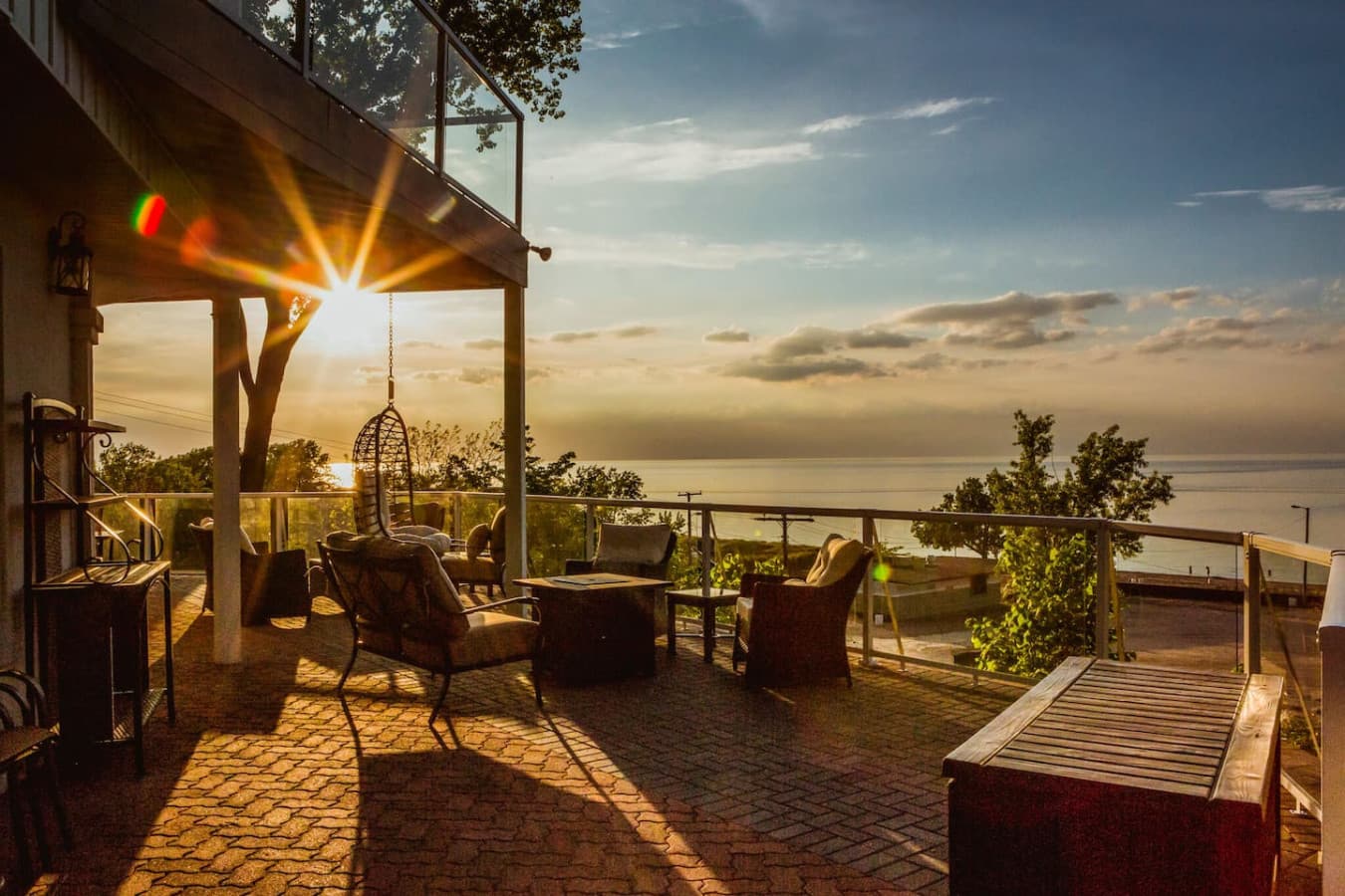 Stunning views from Villa Santorini's terrace, perched on a 60 ft dune overlooking the Chicago Skyline, Lake Michigan, beach, and the Indiana Dunes National Park