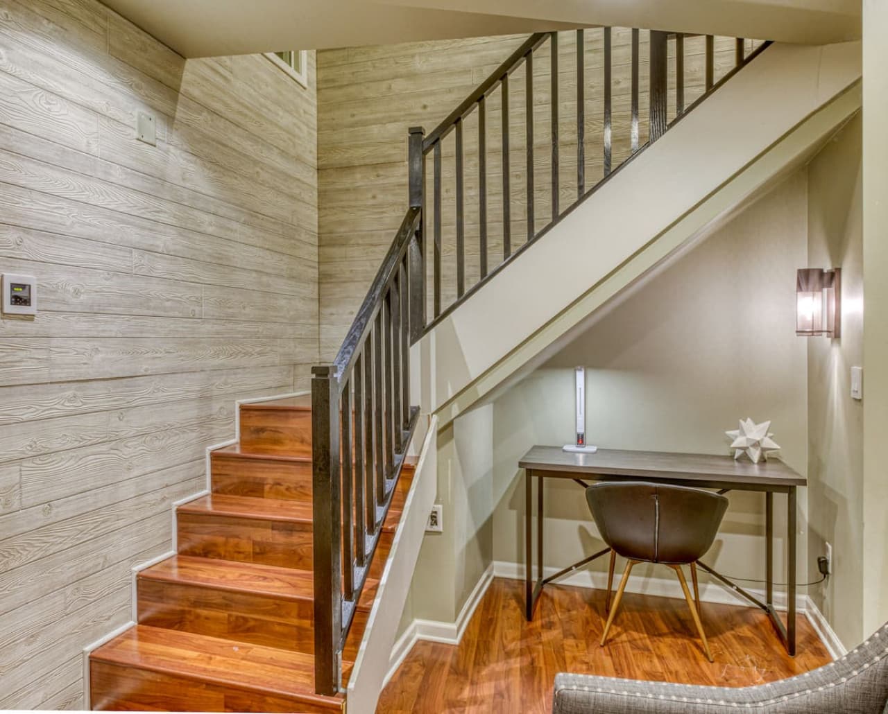 Dedicated workspace in Second Floor Media Room, tucked under the stairs leading to Level 3