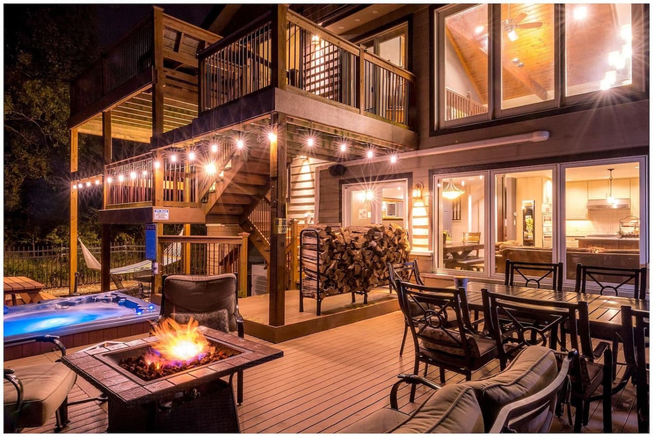 The Dream Retreat multi-level composite decks have unique areas and amazing views.  8-person LED hot tub, conversation fire pit, and a Napoleon Grill with al fresco dining for 16.