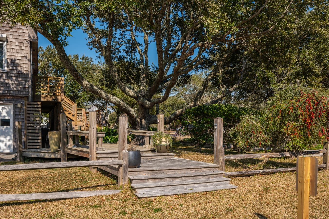 Shaded walkway framed by mature trees, creating a peaceful arrival with natural coastal charm.