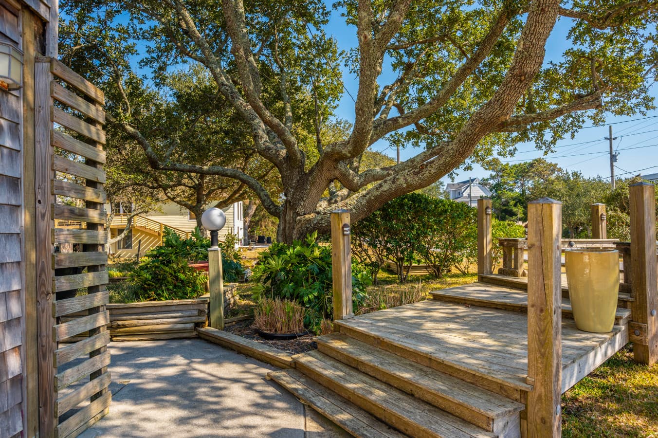 Wood deck steps shaded by a sprawling live oak, w/ a slatted privacy screen at the landing.