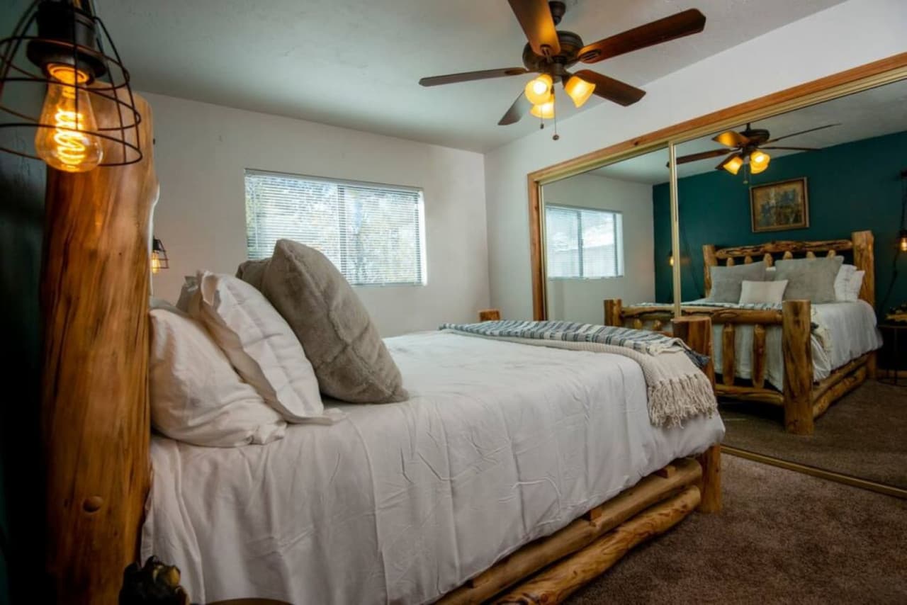 Master bedroom, this room has black out blinds  a full-length mirror closest and a private attached bathroom.