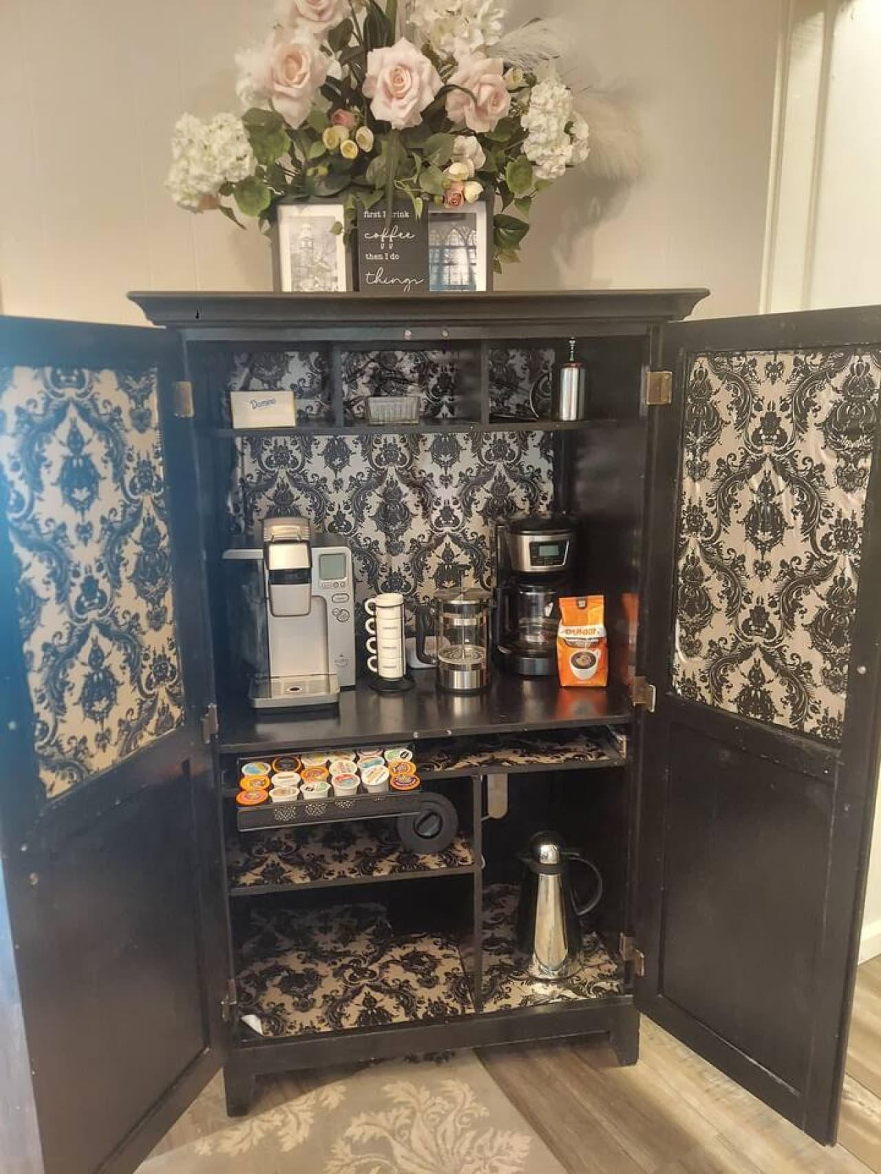 A coffee bar armoire for your caffeine fix through out the day!
