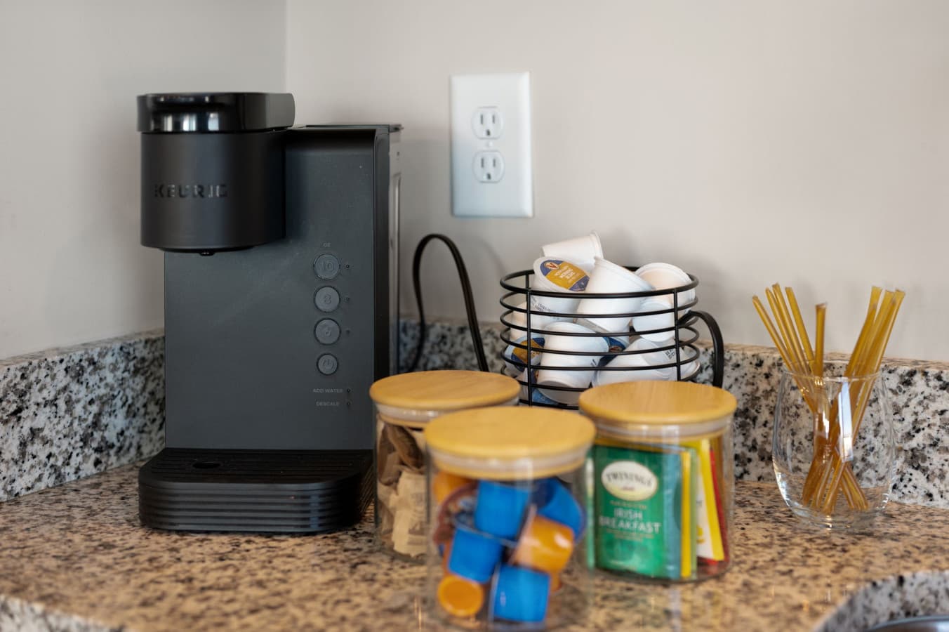 Thoughtful coffee station w/ essentials neatly arranged for easy mornings