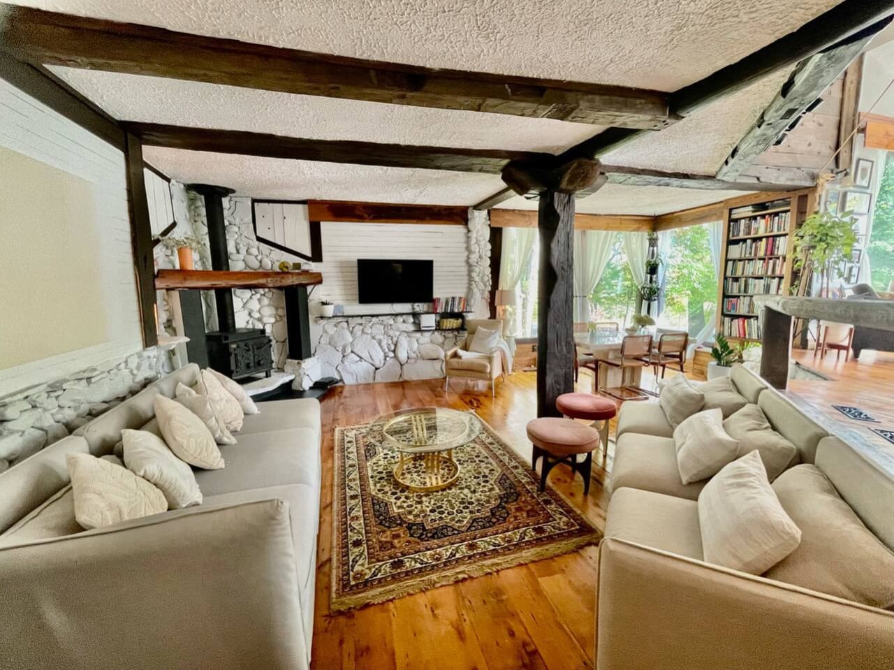 Main living area with wood stove.