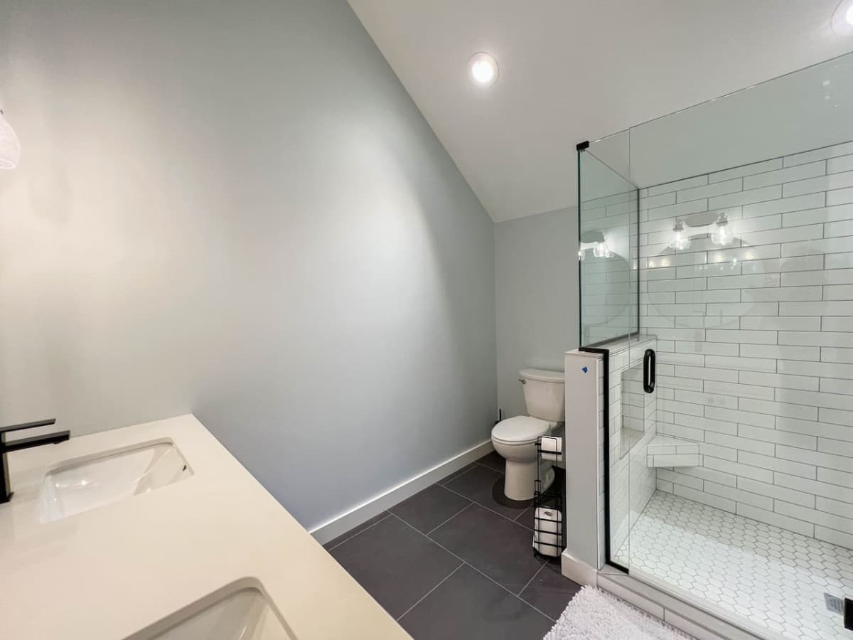 luxury high end master bathroom with double sinks