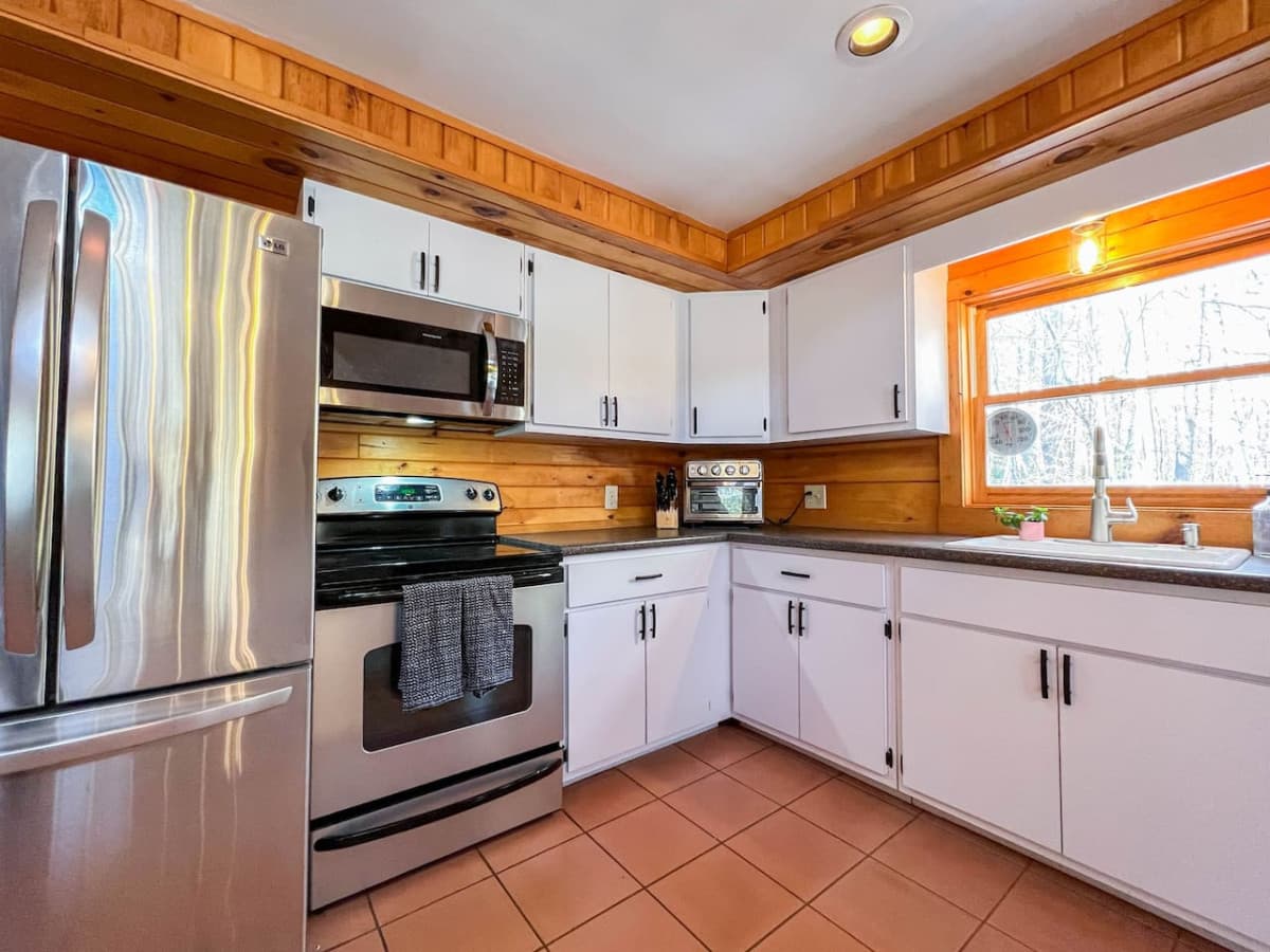 Our kitchen is fully equipped with everything you need to cook at home or enjoy take out from a local restaurant.
