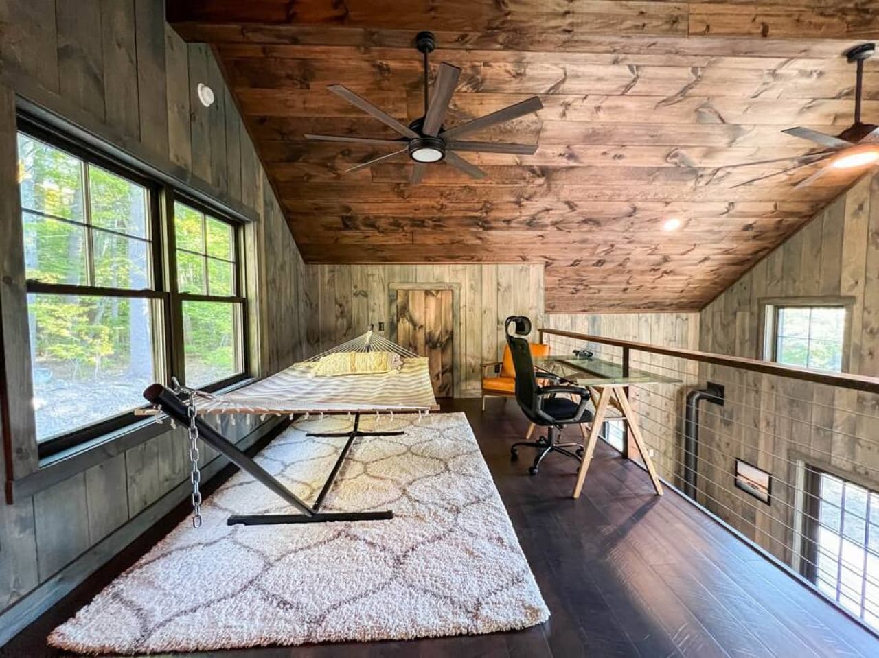 2 person hammock (450lb limit), genuine leather seat, desk and ergonomic office chair.