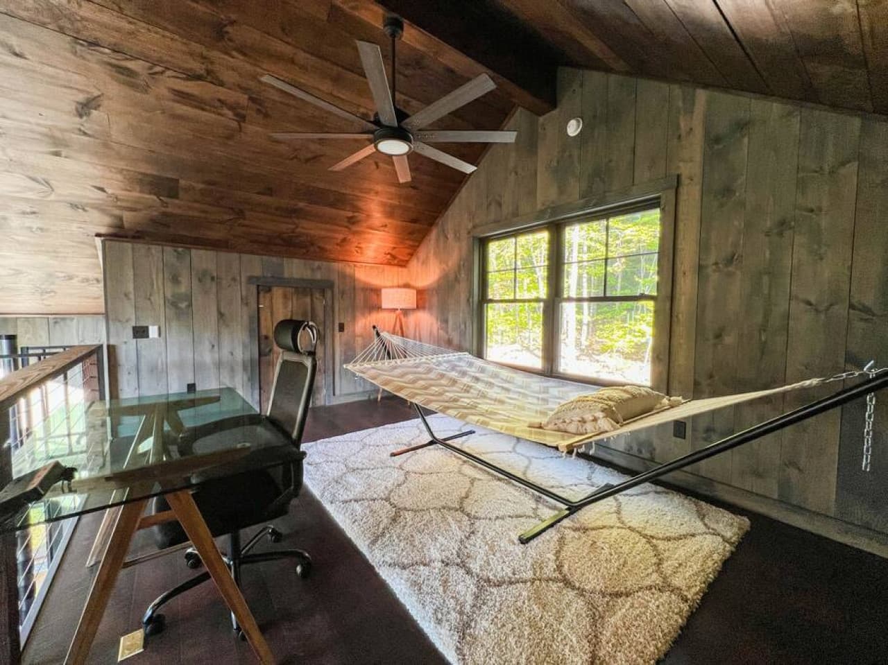 2 person hammock (450lb limit), genuine leather seat, desk and ergonomic office chair.