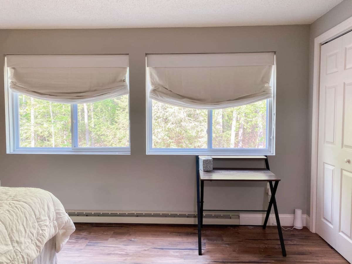 Custom blackout shades for sleeping in and we also have two foldable work stations for your use.