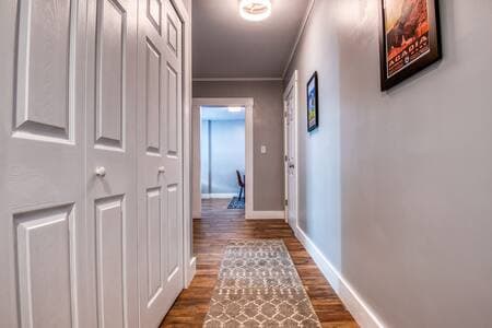 Your room is on the right at the end of this hallway. The kitchen and family room is just past.