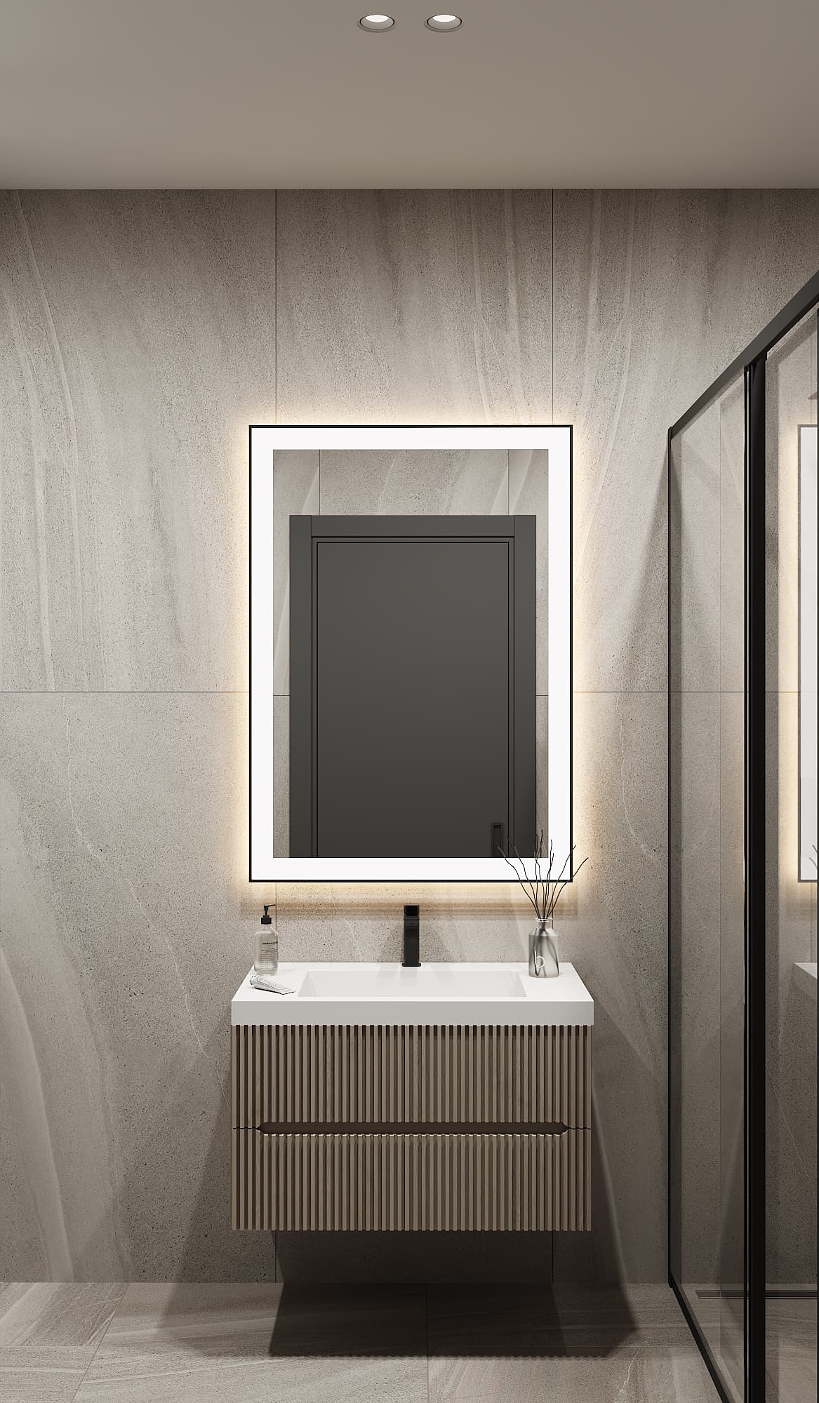 Sink with well-lit mirror