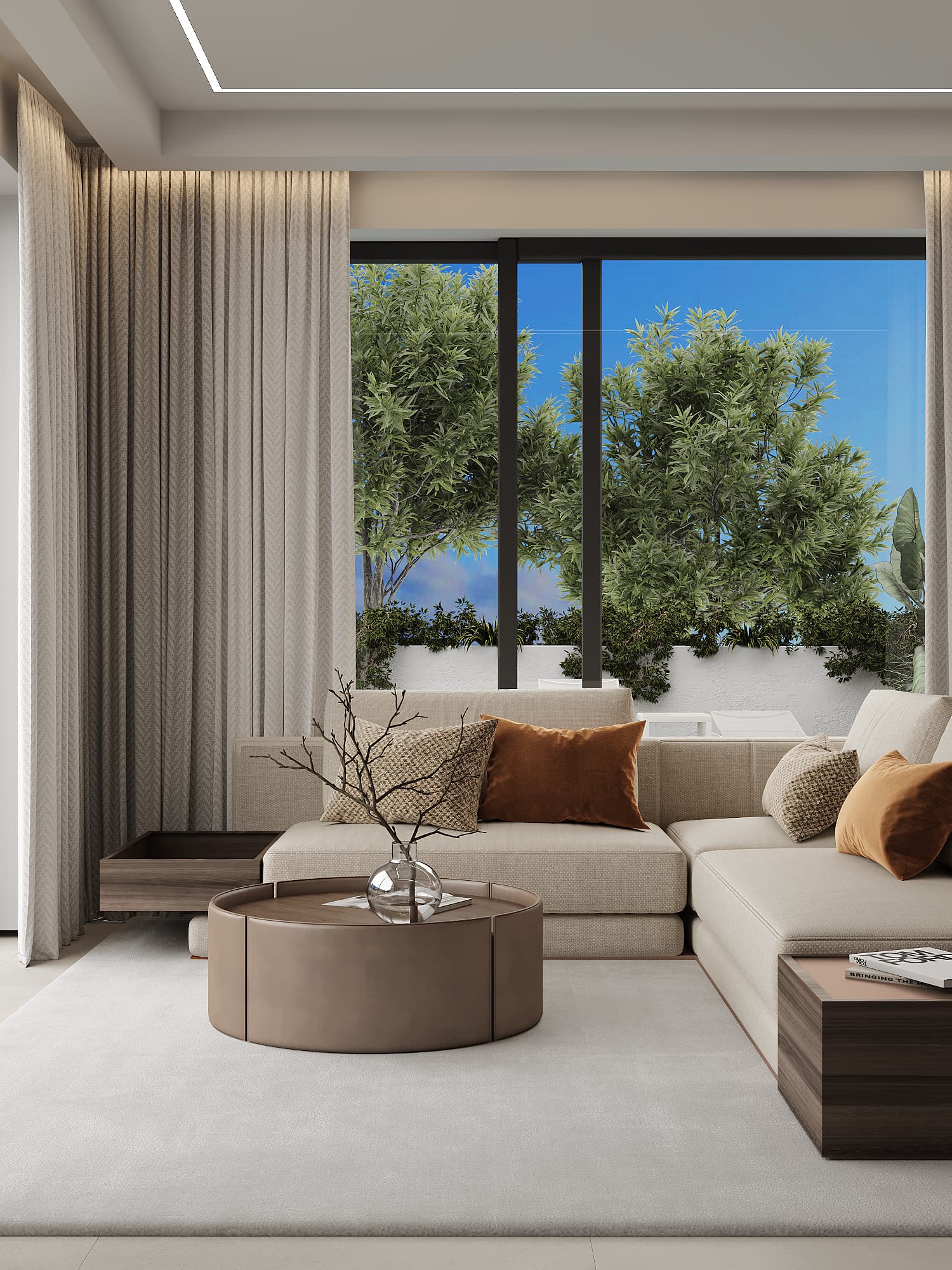 Living area with comfortable plush sofa and greenery