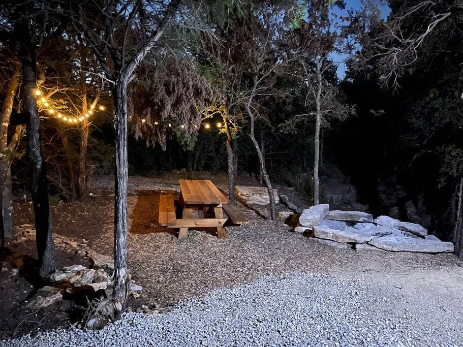 Nightime lighting of the campsite viewed from the door if the RV.