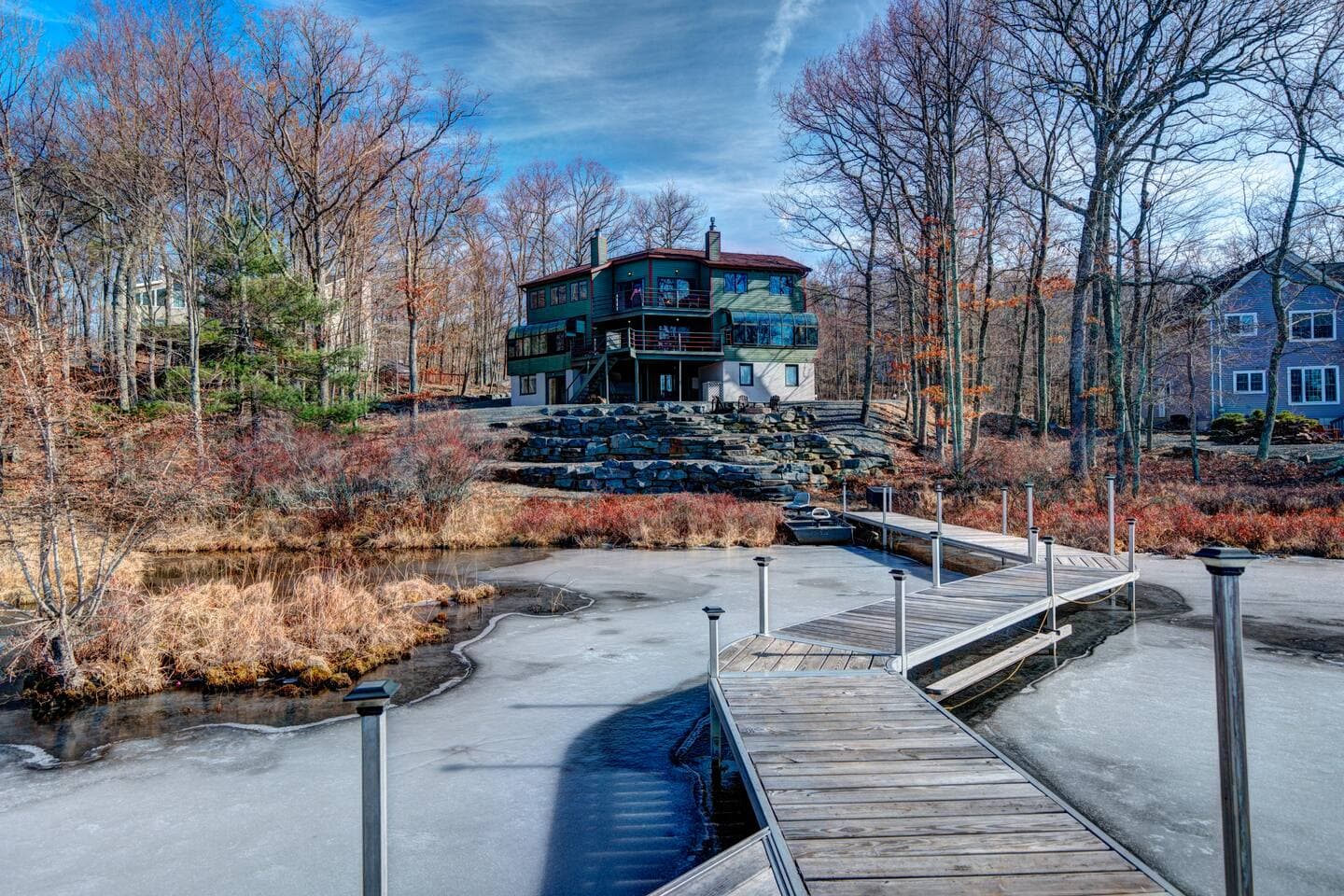 Winter view from private dock to the house