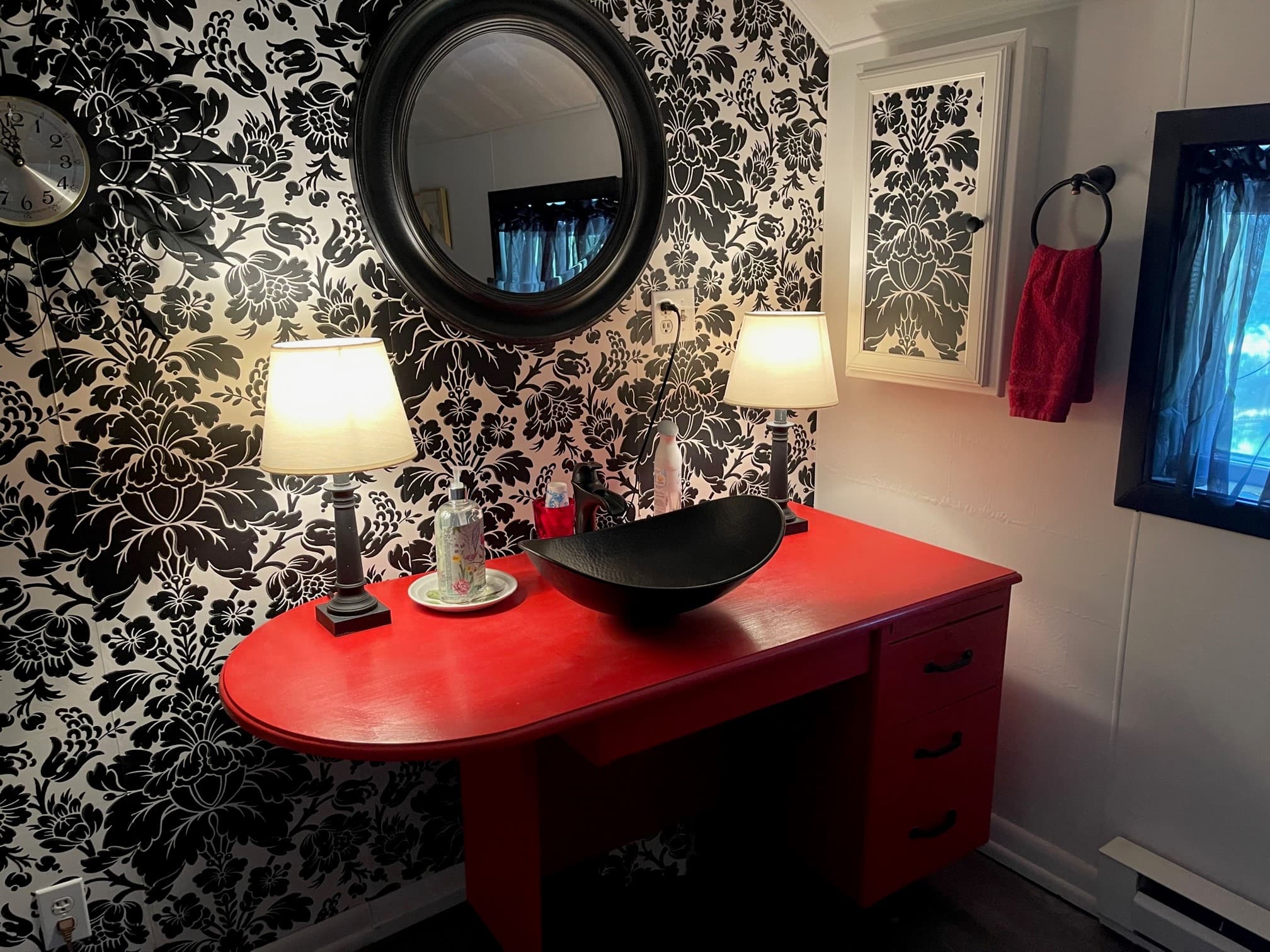 Main Street - Bathroom w Red Table - Close up on Red Table