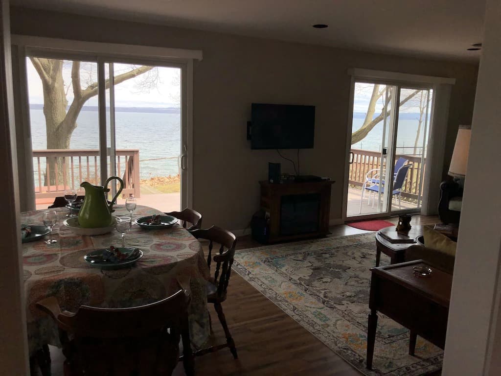 Living/dining room with lake views