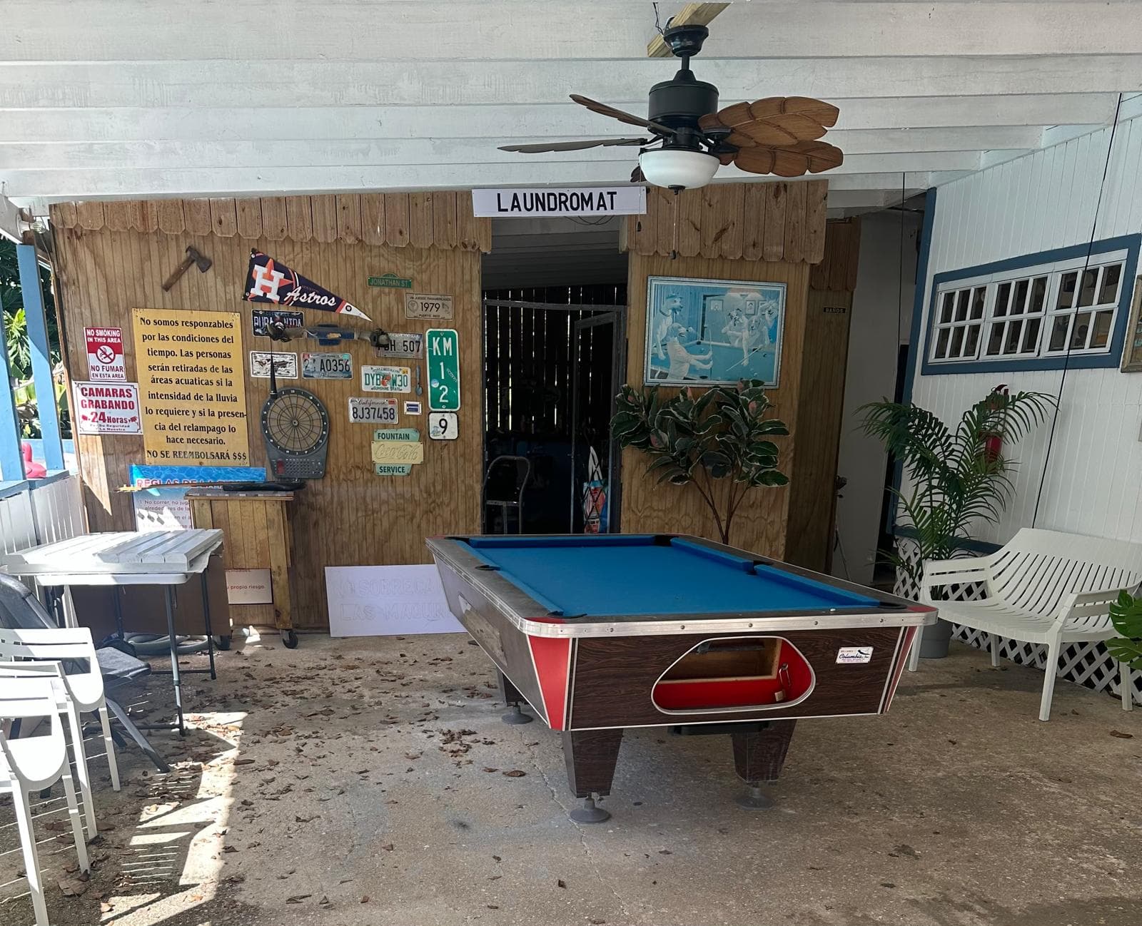 Provided pool table and laundromat