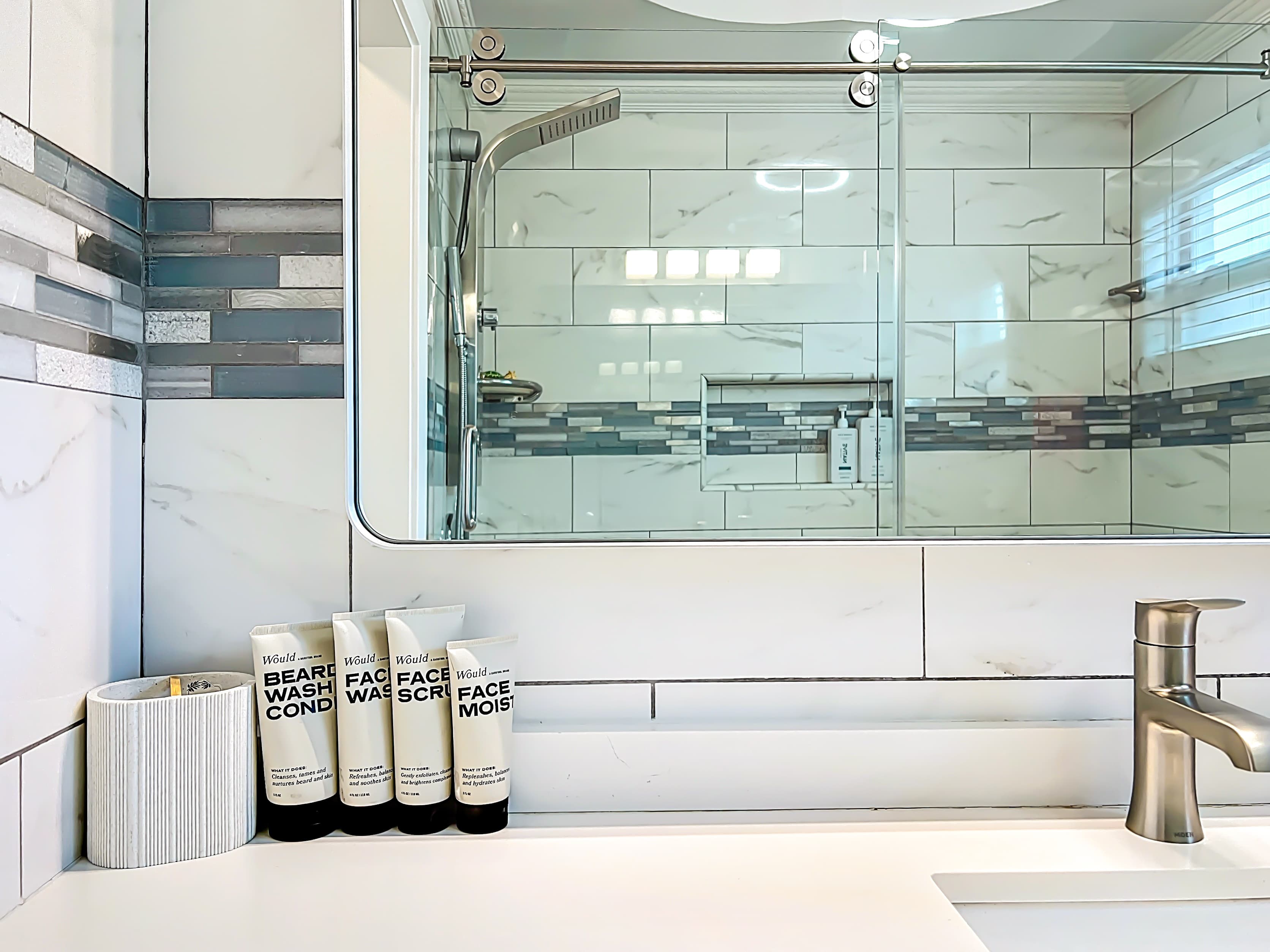 Vanity features large countertop space