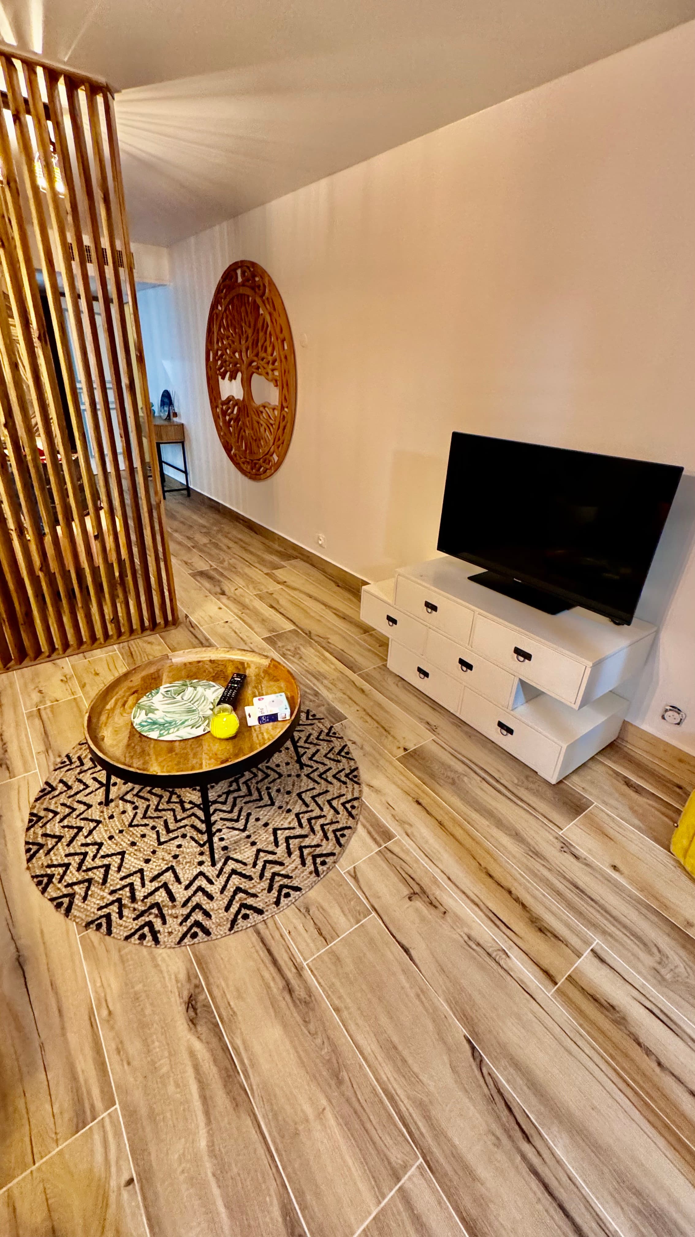 Salon avec TV vue 2 - Studio TI KAZ BONNEUW - Village Vacances Sainte Anne GUADELOUPE - Conciergerie