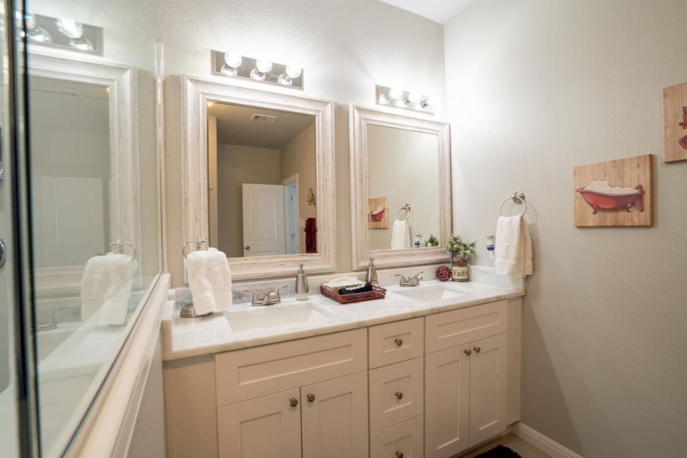 Master bathroom, two sinks and oversized walk-in shower.