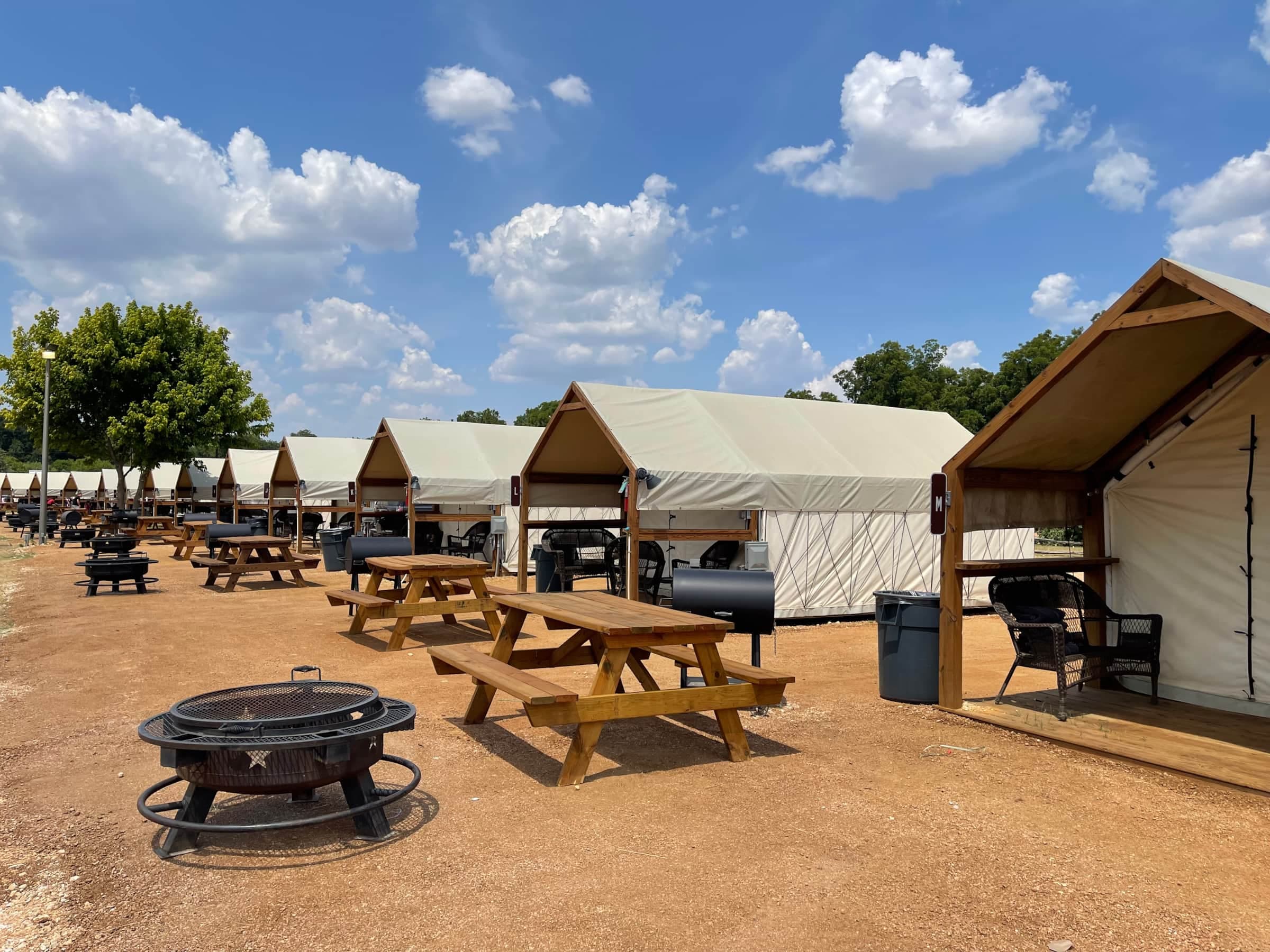 Every Glamping Cabin comes with a Grill, Picnic Table, and Fire Pit