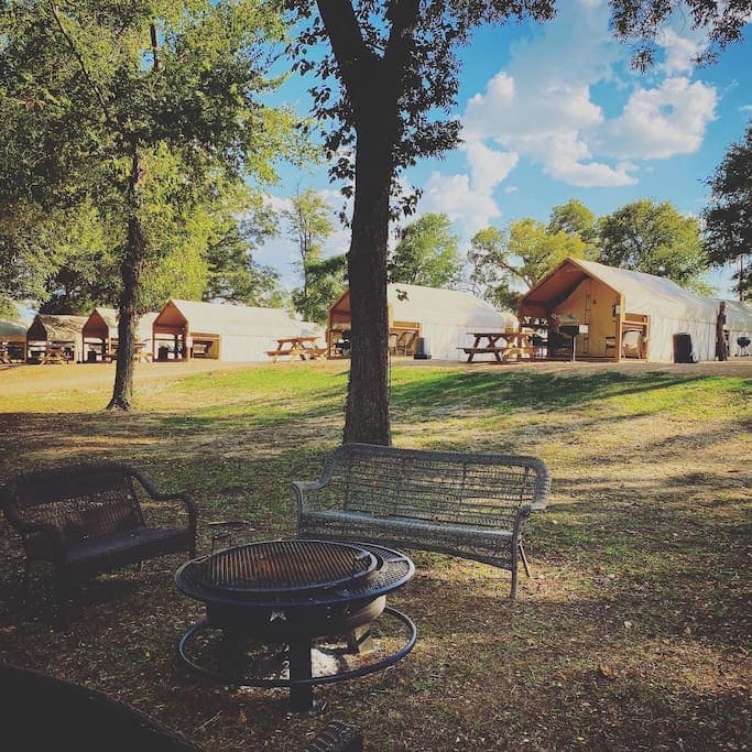 Large pecan and oak trees add to the ambiance of Son's Blue River Camp!