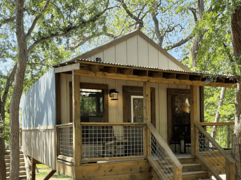The cabins are situated up high to get out of the flood plane and overlook the creek bottom 