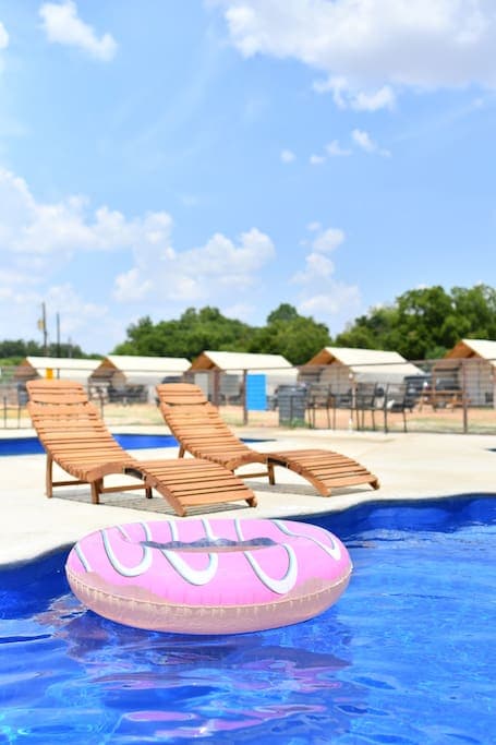 We have lounge chairs and cabanas around the pools.