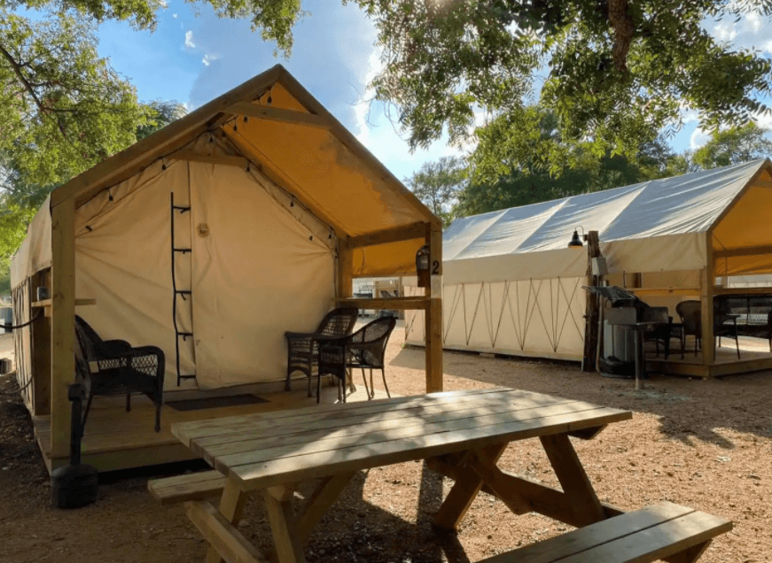 Each Glamping Cabin has it's own picnic table and BBQ pit!