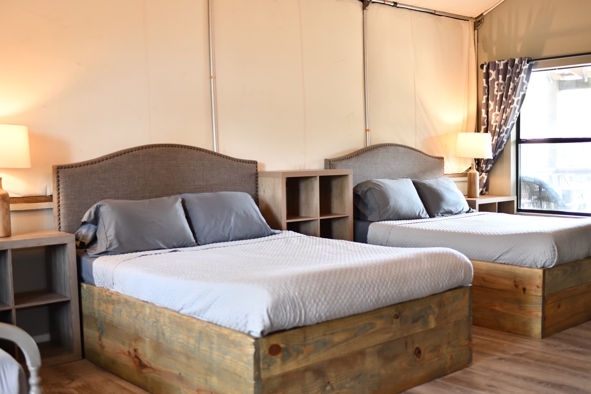 Each Birdhouse Cabin has 2 queen beds and 2 twin beds