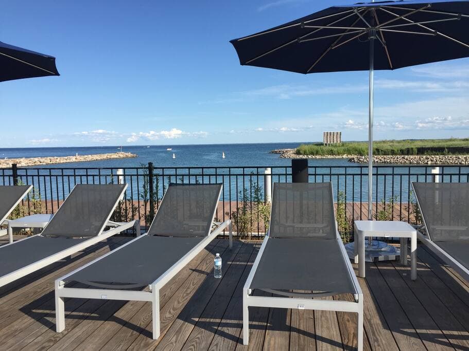 Relax by the Beach Club and look out onto Lake Simcoe 
