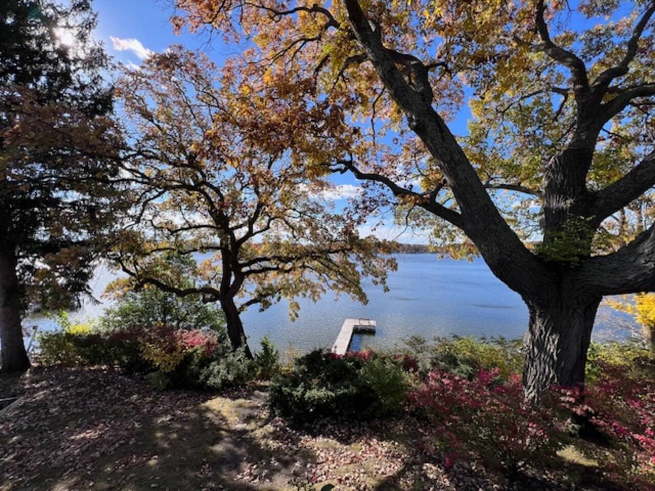 View of pier from deck. Beautiful foliage!