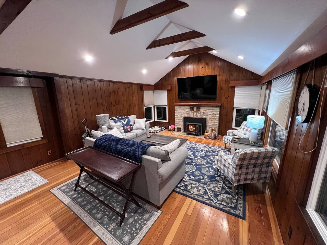 Living Room hosts a 72" 4K Compatible Smart TV with Roku for guest sign in.