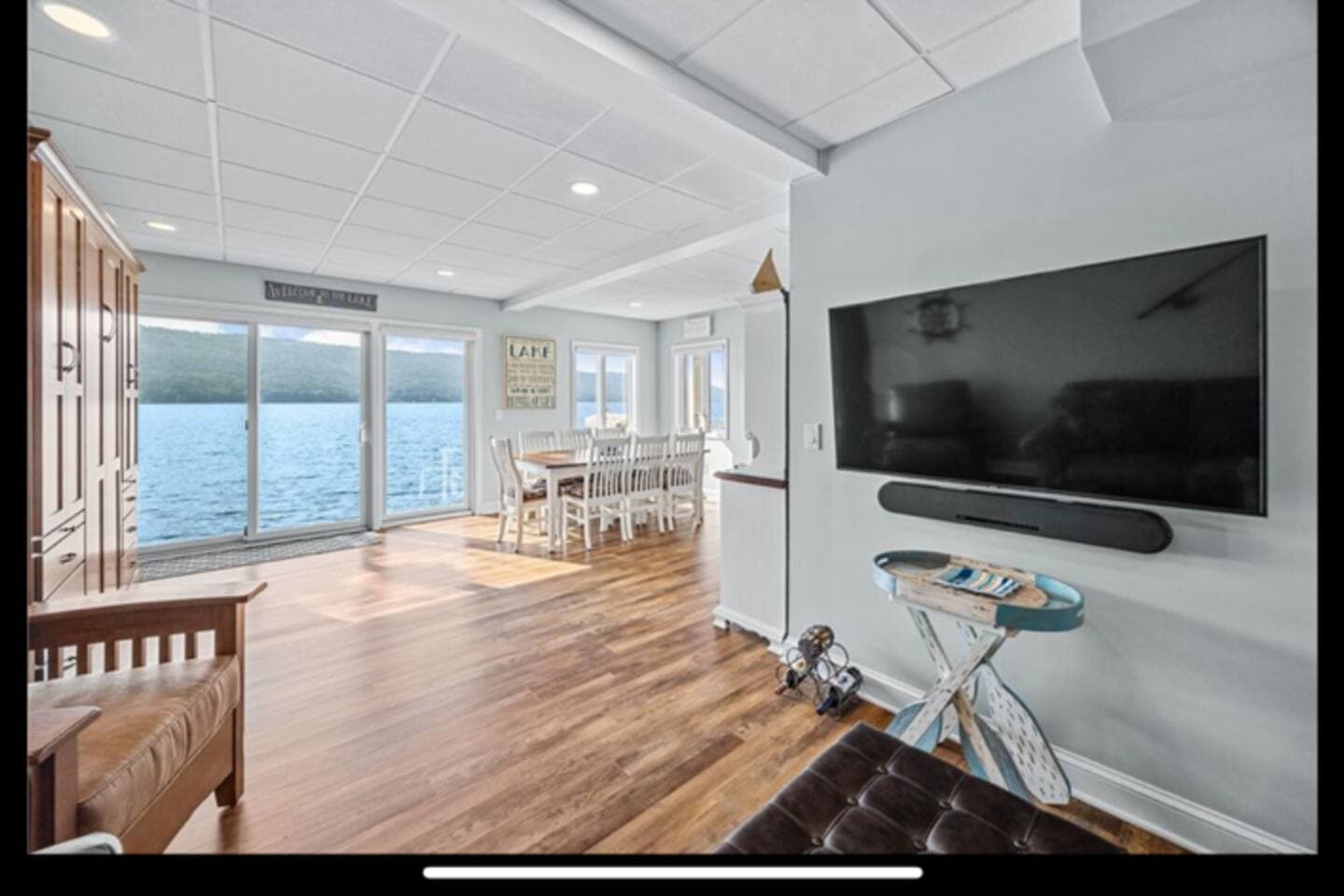 This is the downstairs area with direct lake access, with the Murphy bed folded. 