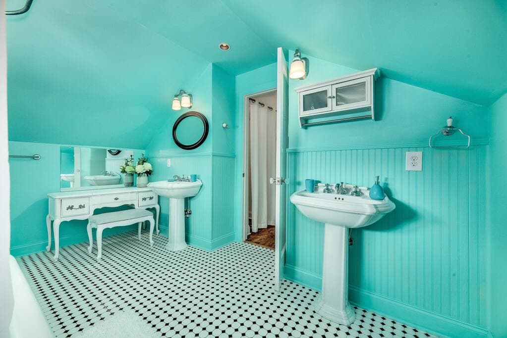 Dove Suite Bathroom with Vintage Makeup Vanity