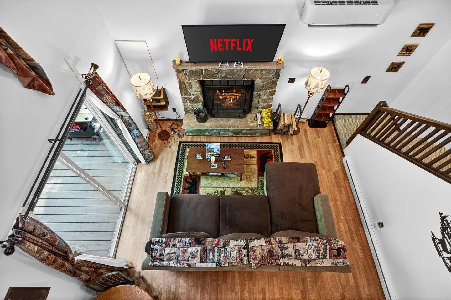 enjoy a toasty fire while watching your favorite movie