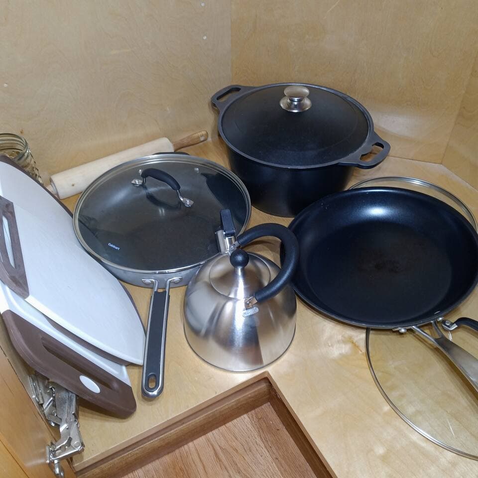 help yourself to cutting boards pots and pans tea kettle anything you need