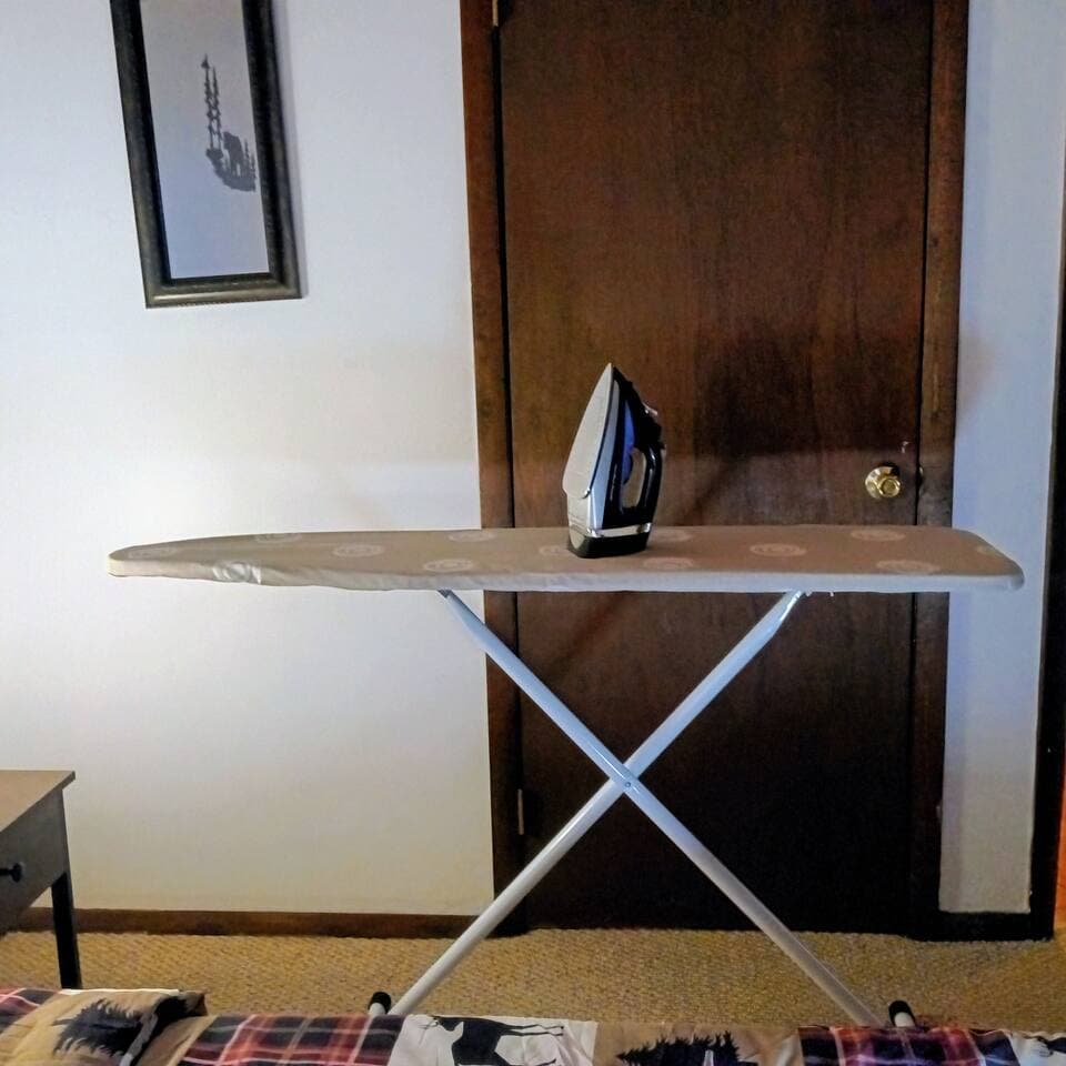need to press your jeans dress slacks or shirts please help yourself to the ironing board and iron in the bedroom closet
