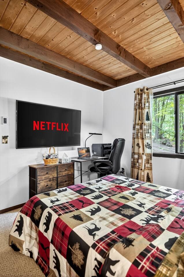 enjoy your favorite movie while laying in this beautiful queen size bed