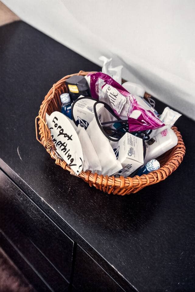 if you forgotten anything at all please help yourself to one of three forgot something baskets