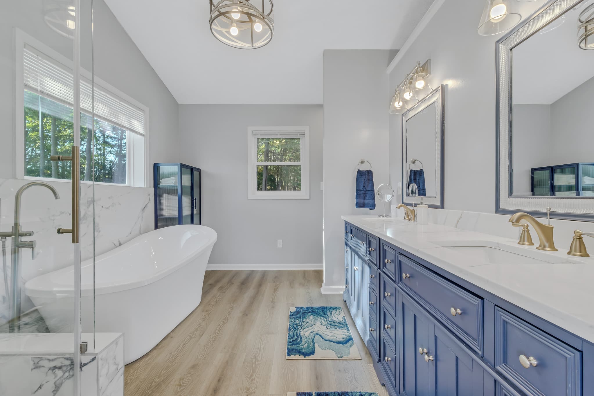 Large primary bathroom with double sinks.