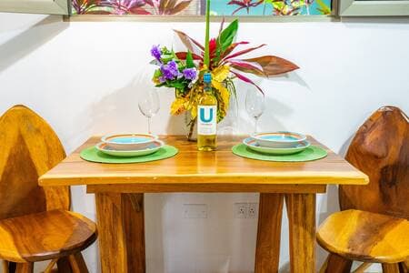 Locally crafted hardwood furniture with exotic woods.   Local artwork decorates the villa elegantly.