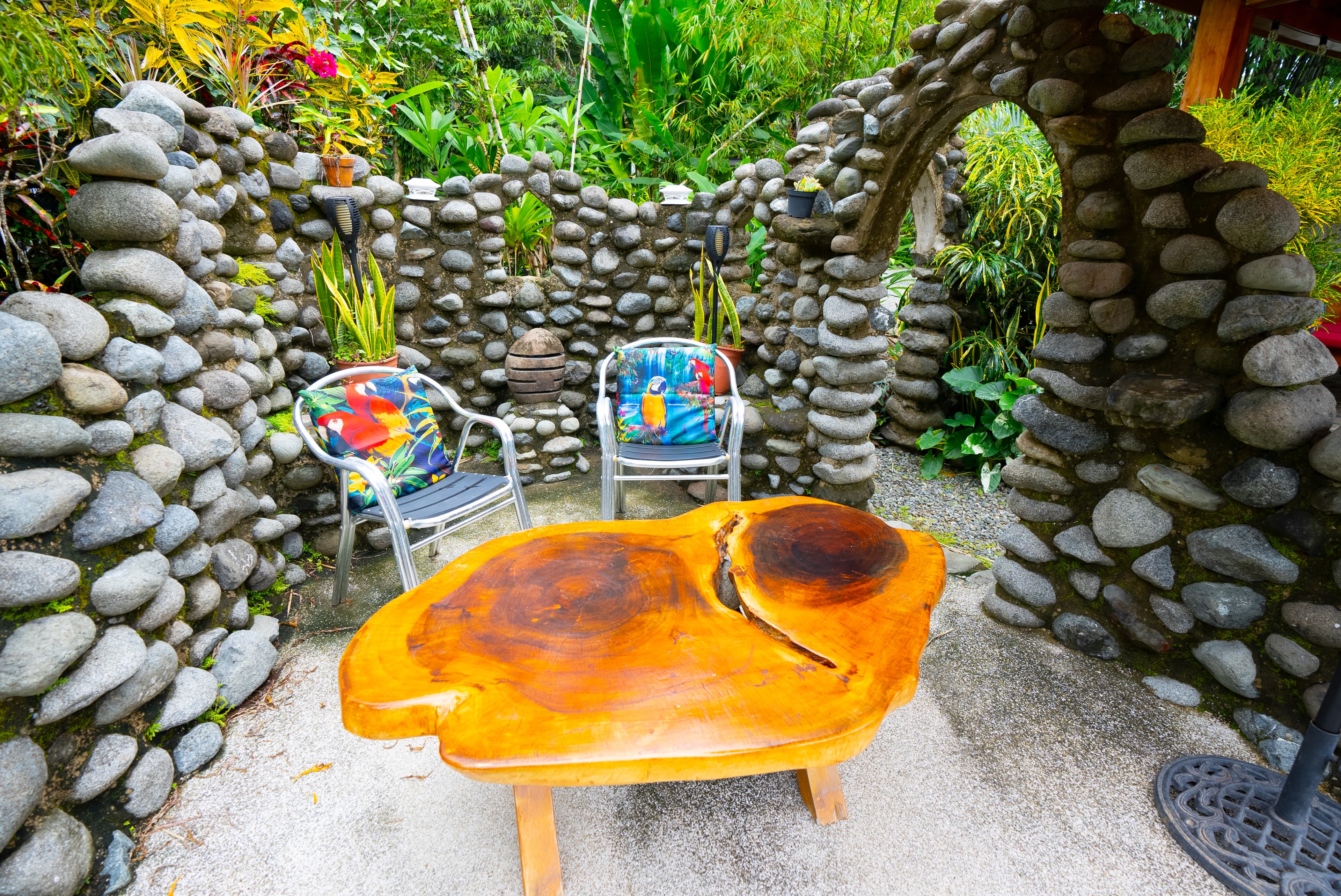 River stonework at one of the relaxing areas beside the pool