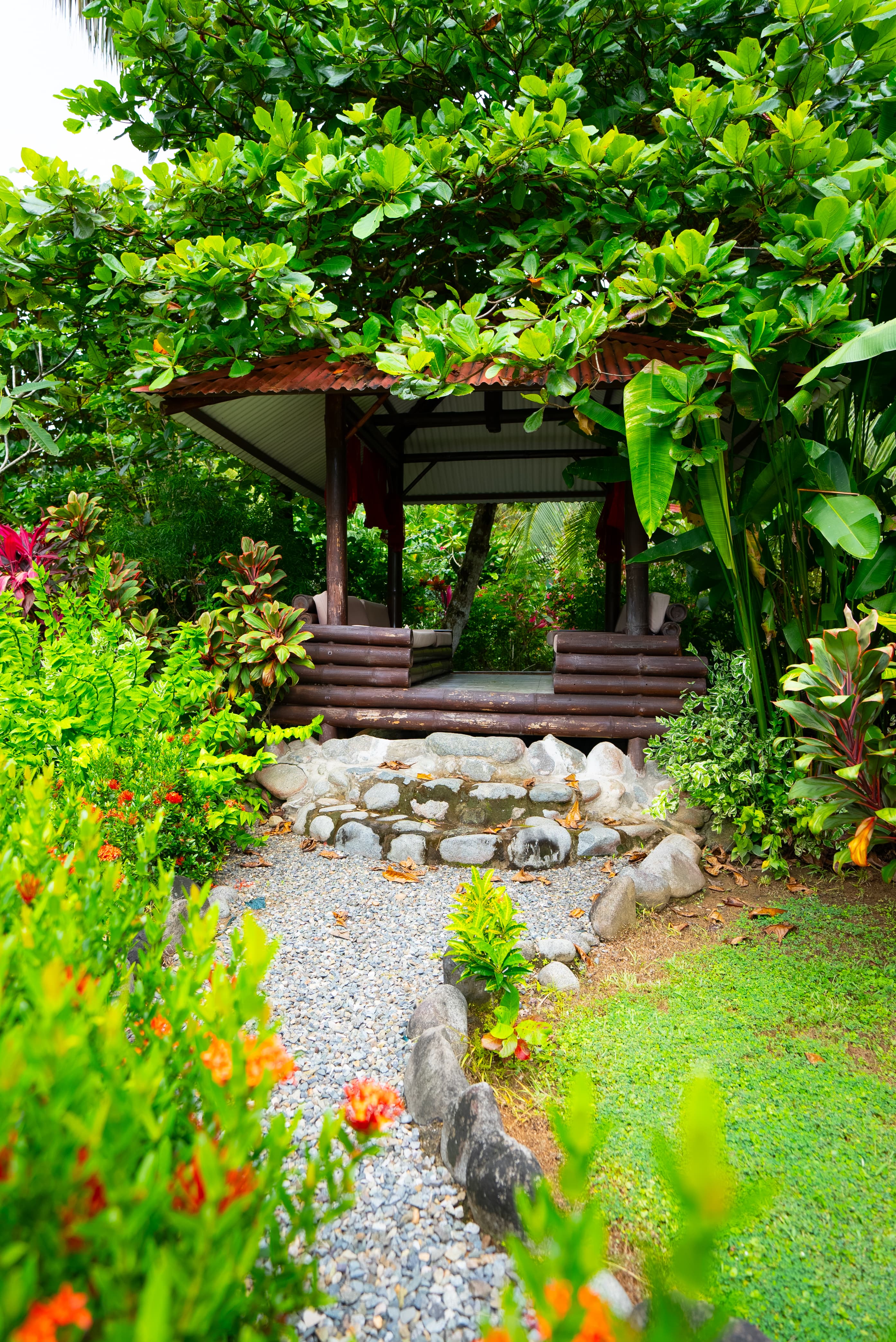 Sunset Ranchero is a covered seating area to enjoy river and garden views