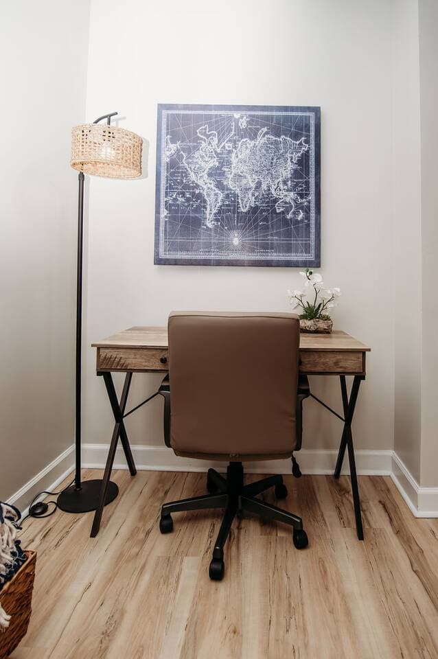 Dedicated workspace with a stylish desk and comfortable chair—ideal for remote work, studying, or planning your next adventure.

