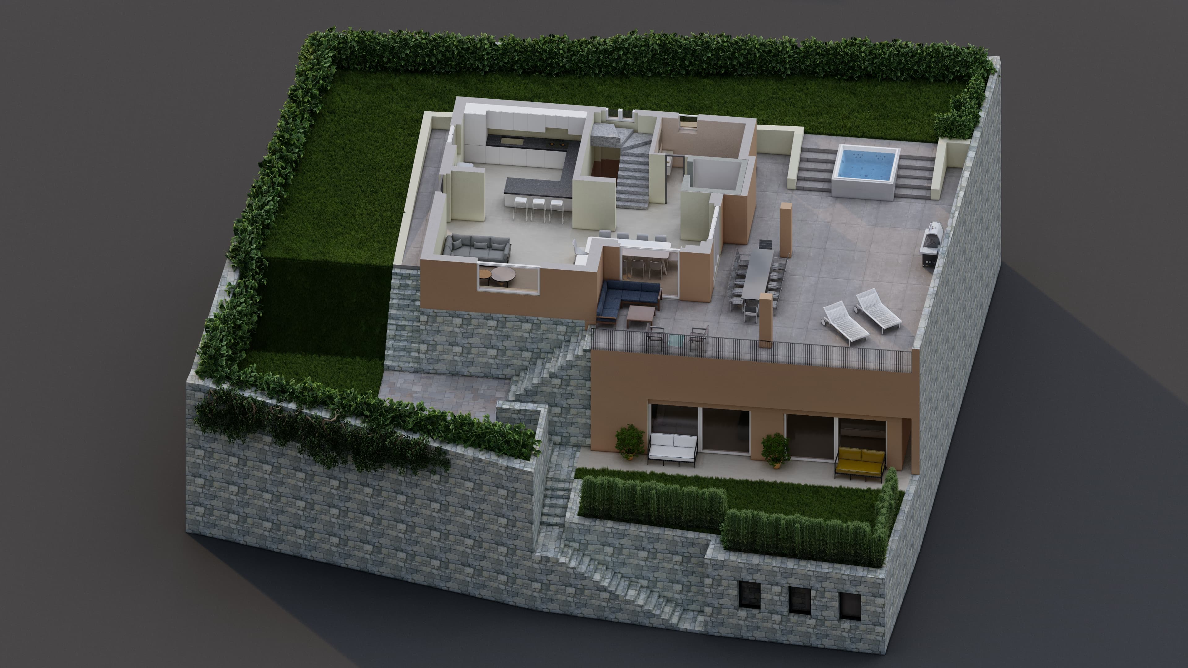 3D second floor / kitchen, living room, bathroom, terrace.  jacuzzi, 
