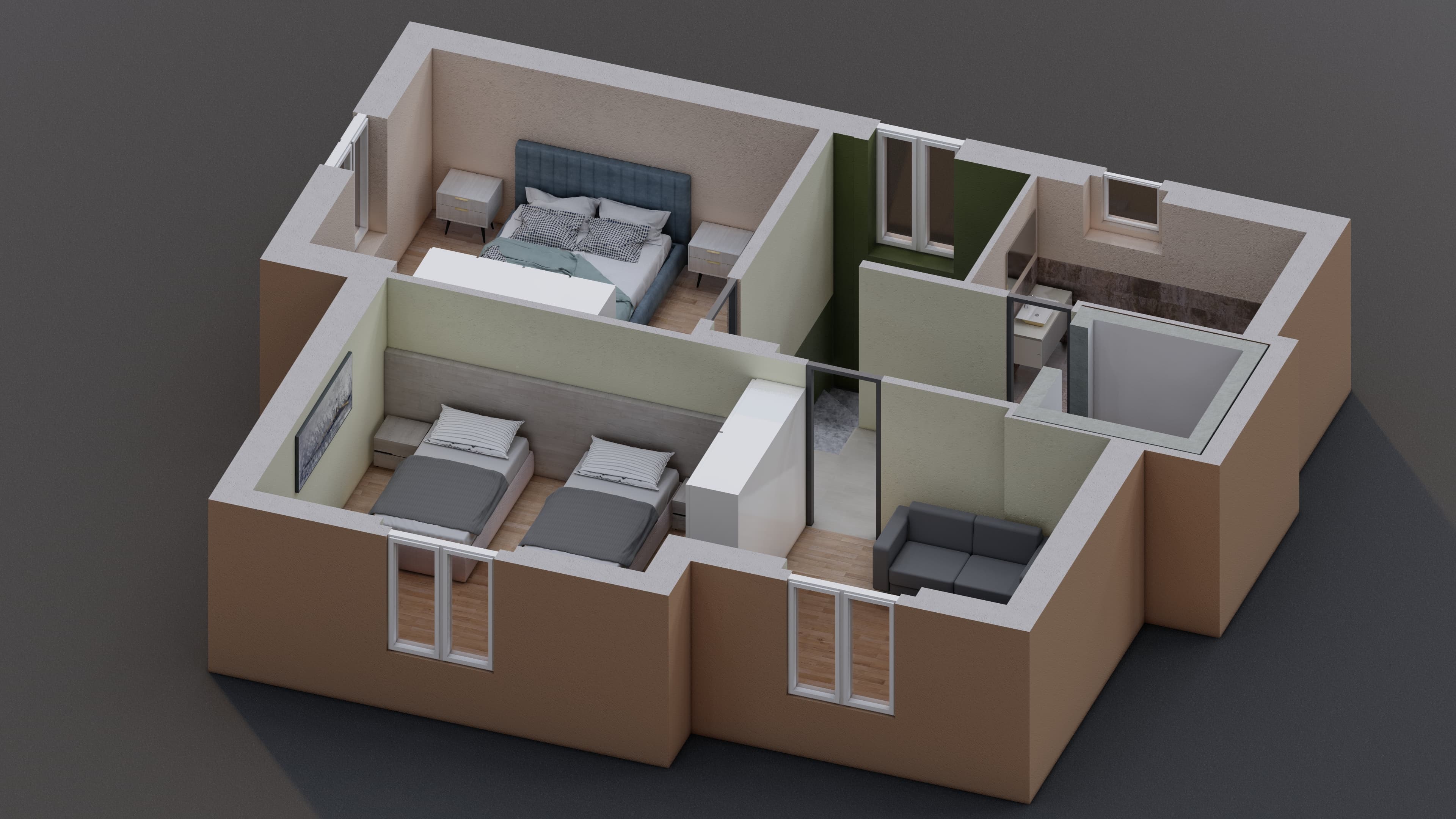 3D third floor, 2 bedrooms, bathroom with bathPhoto